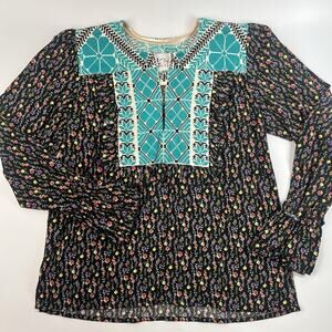 Boho Embroidered Top Floral Peasant Ruffles Size Medium Made In Mexico